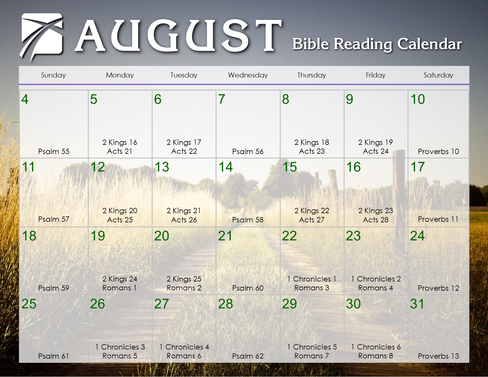 August 2019 Daily Bible Reading Calendar In God's Image