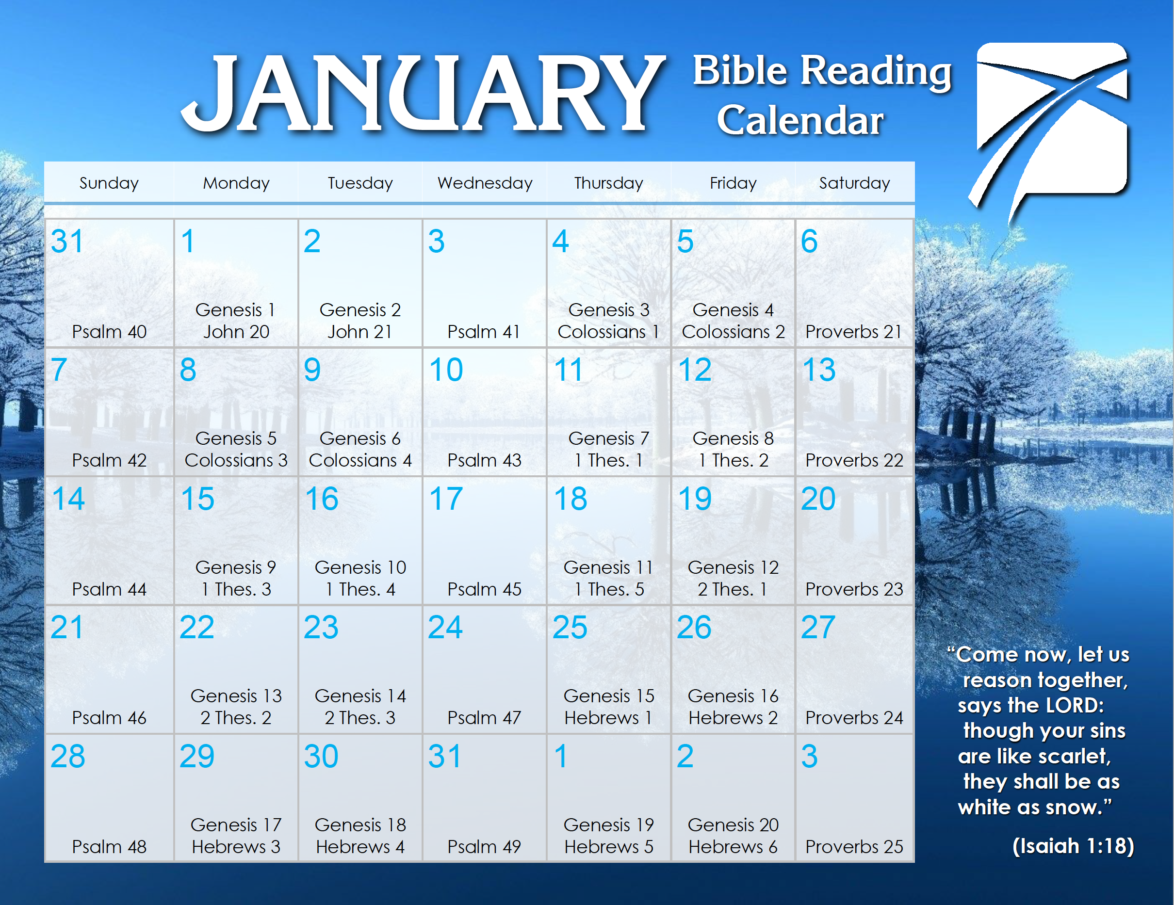 January 2018 Daily Bible Reading Calendar In God #39 s Image